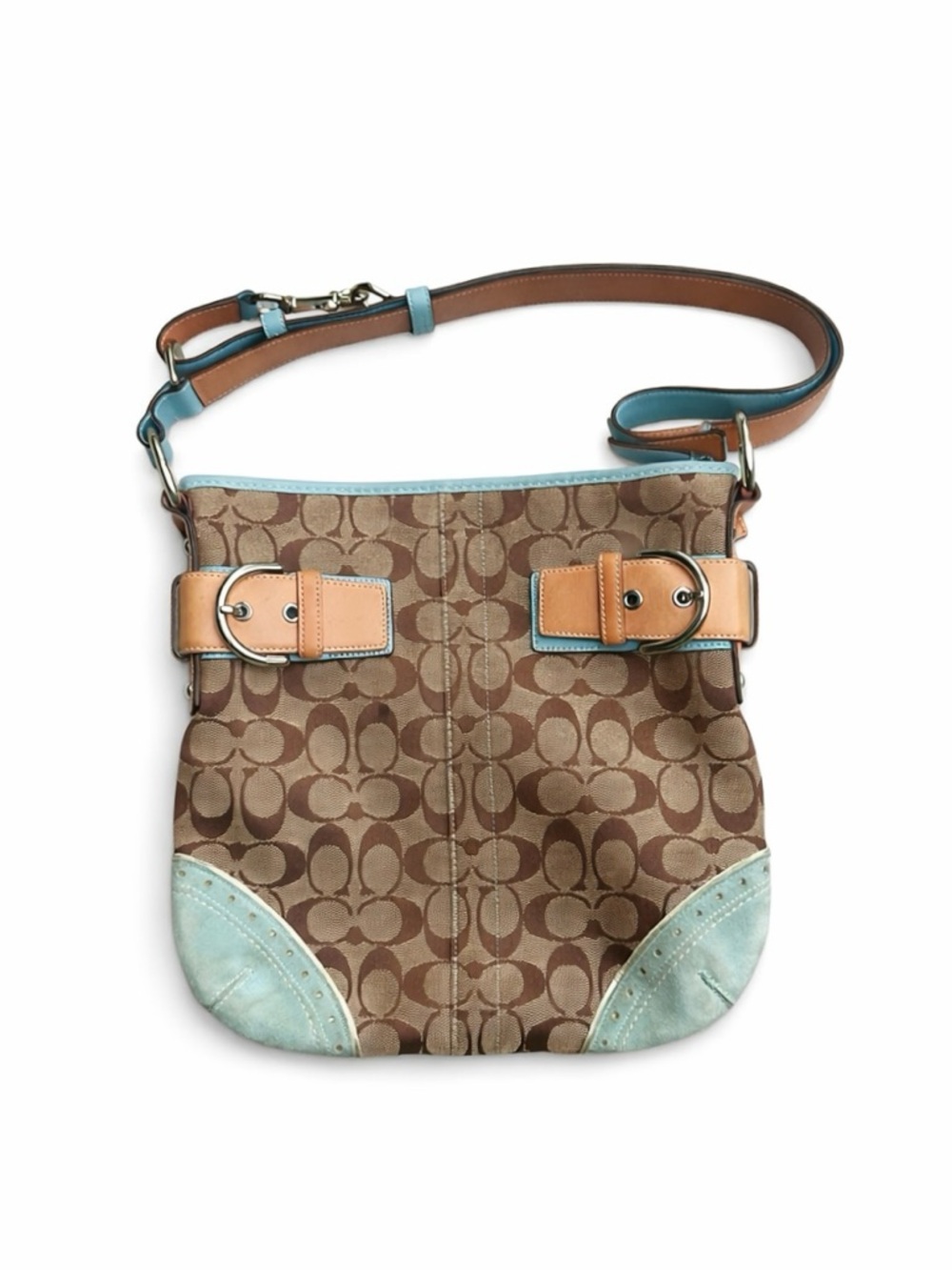 Y2K Coach Signature Soho Tan & Blue Suede Messenger shoulder bag